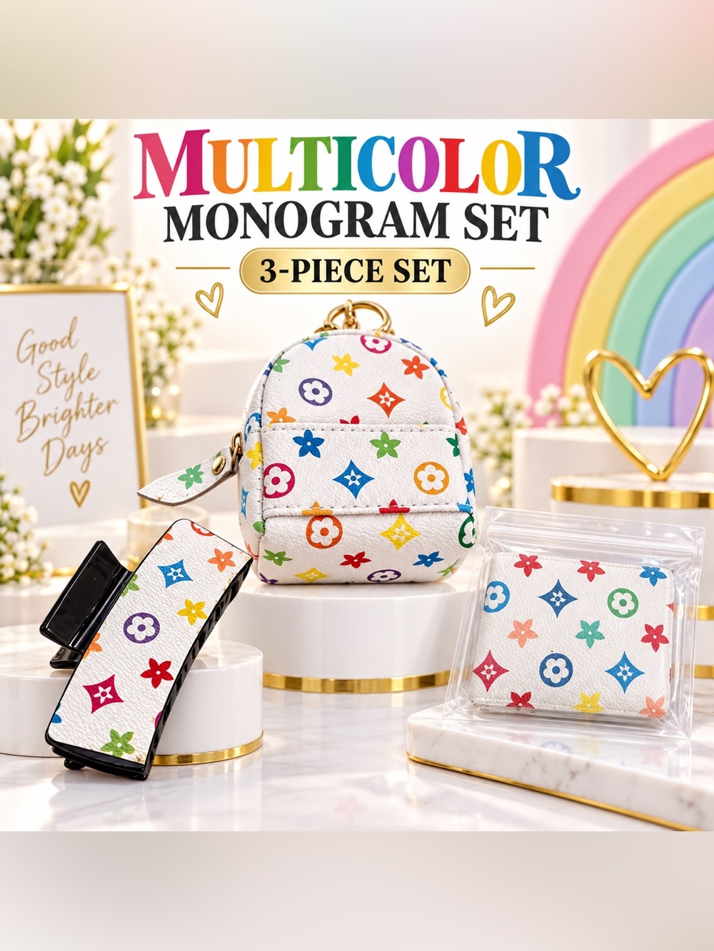 Multicolor Monogram-Inspired Accessory Set – 3 Pieces